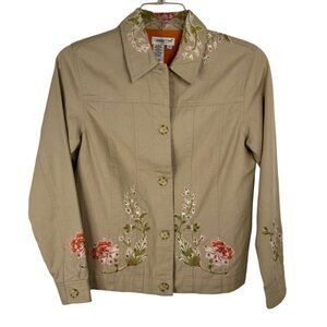Coldwater Creak Cotton Khaki Jacket Embroidery Beaded Sequin Floral Size XS EUC